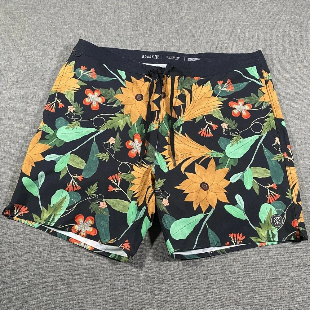 Roark Boardshorts Mens 35 Black Floral‎ The Chiller RB384 Sunflower Swim Trunks